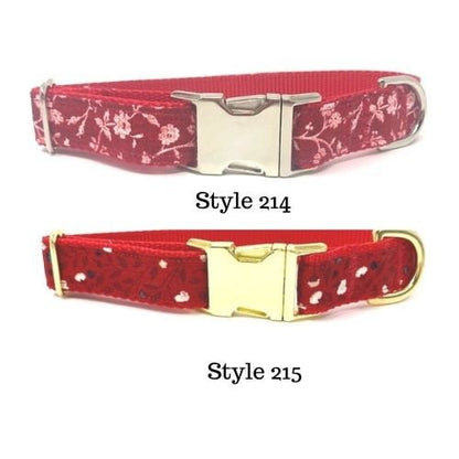 Red Floral, Dog Collar, For Girls, Female, Personalized, Engraved, Small, Medium, Large, Extra Large, Gold, Silver, Metal Buckle