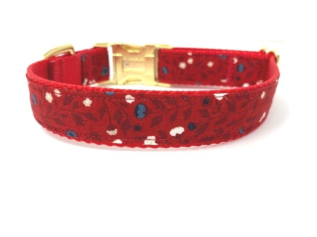 Red Floral, Dog Collar, For Girls, Female, Personalized, Engraved, Small, Medium, Large, Extra Large, Gold, Silver, Metal Buckle