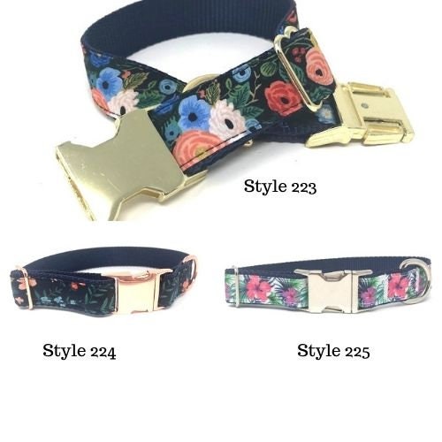 Floral, Dog Collar, W/ Gold, Rose Gold, or Silver Metal Buckle, For Girls, Females, Navy Blue, Pink, Trendy, Fashion, Personalized, Engraved