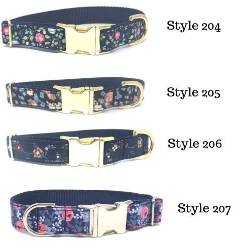 Floral, Dog Collar, W/ Gold, Rose Gold, or Silver Metal Buckle, For Girls, Females, Navy Blue, Pink, Trendy, Fashion, Personalized, Engraved