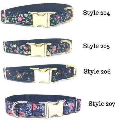 Floral, Dog Collar, W/ Gold, Rose Gold, or Silver Metal Buckle, For Girls, Females, Navy Blue, Pink, Trendy, Fashion, Personalized, Engraved