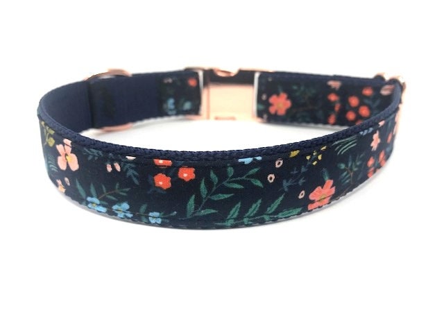 Floral, Dog Collar, W/ Gold, Rose Gold, or Silver Metal Buckle, For Girls, Females, Navy Blue, Pink, Trendy, Fashion, Personalized, Engraved