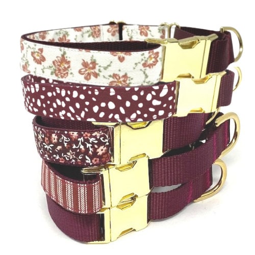 Fall Dog Collar, Personalized, Custom, Buckle Martingale Collar, Girl, Burgundy, Floral, Puppy Collar, Cute, Designer Dog Collar, Engraved