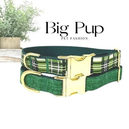 Option To Engrave, Green Dog Collar, For Boys, Plaid, Linen, Gold, Male Dog Collar, Personalized, Engraved, Small, Medium, Large, Designer