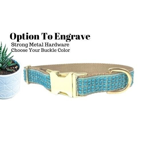 Teal + Gold Rhinestone Girl Dog Collar, Fancy, Sparkle, Bedazzled Puppy Collar, Personalized, Engraved, Custom Designer Dog Collar