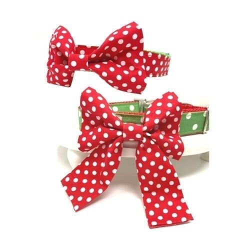 Red + White Polka Dot Christmas Dog Collar Bowtie, Girl, Cute, Holiday, Dog Accessories, Puppy, With Bowtie, Small, Large Bow, Pet Bows