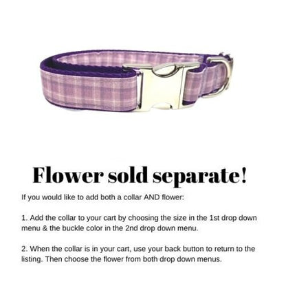 Purple + Lavender Plaid Dog Collar, Female Girl, Cute, Personalized, Engraved, Custom, Puppy, + Optional Flower, Matching Flower Bow