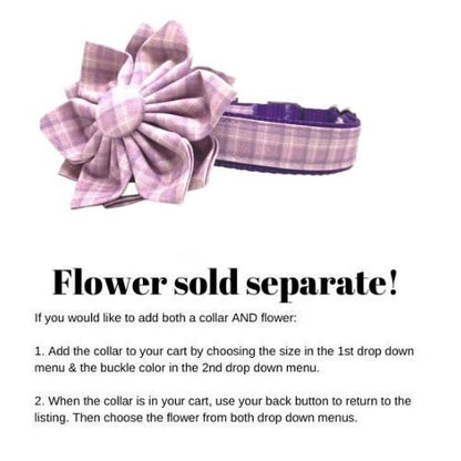Purple + Lavender Plaid Dog Collar, Female Girl, Cute, Personalized, Engraved, Custom, Puppy, + Optional Flower, Matching Flower Bow