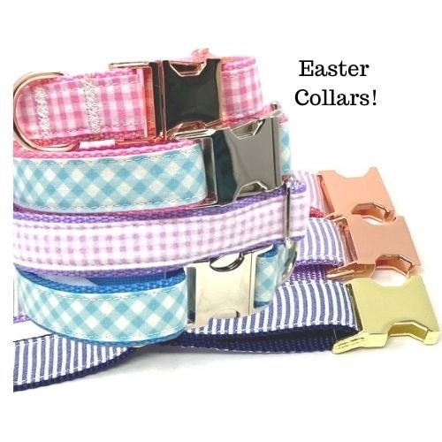 Easter Dog Collar, Pink Gingham, Blue Plaid, Lavender, Lilac, Girl, Boy, Cute, Personalized, Engraved, Custom, Puppy, Pet, Pastel, Rose Gold