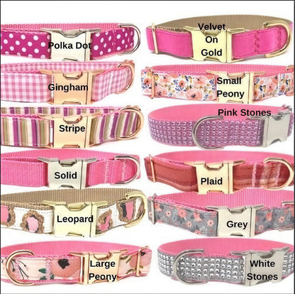 Pink Girl Dog Collar, Floral, Cute Personalized, Engraved, Puppy Collar, Designer Collar, Small, Large, Leopard, Bling, Gingham, Polka Dot