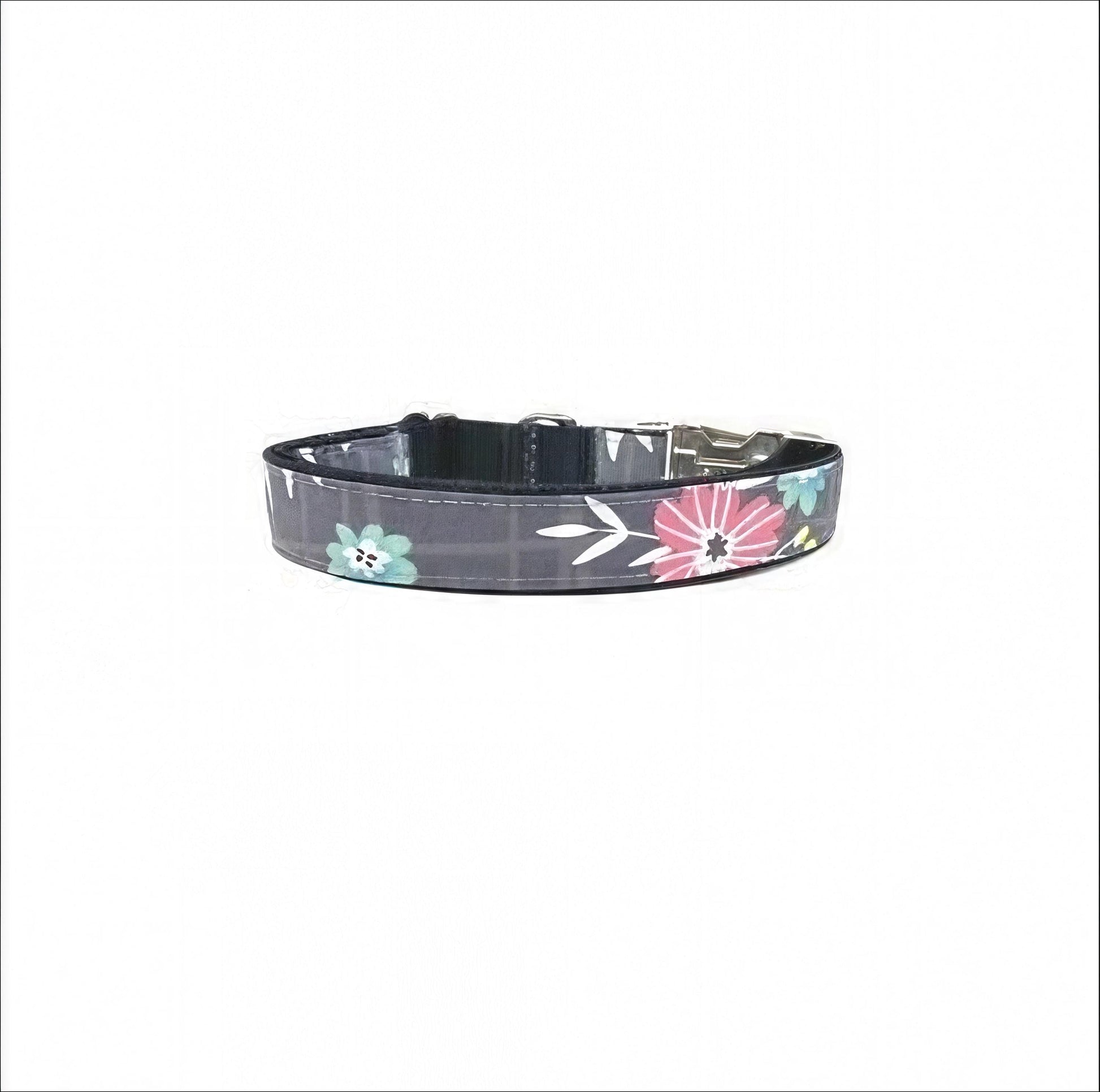 Black, Pink And Teal Floral Girl Dog Collar, Puppy Collar, Personalized Female Pet Collar, Custom, Engraved, Large, Dog Collar With Name