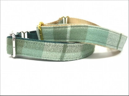 Green Flannel Buckle Martingale Dog Collar, Plaid, Fall, Girl, Boy, Greyhound, Designer, Fabric, Whippet, Puppy, Personalize, Custom, Engrav