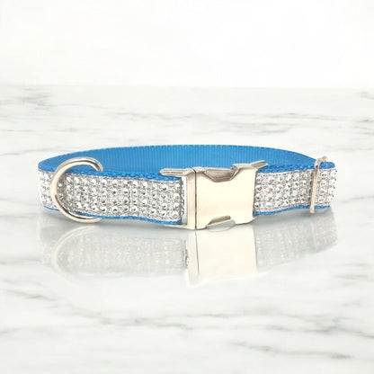 Blue Rhinestone + Glitter Fancy Dog Collar, Light Blue Blingy Sparkly Dog Collar, Custom Dog Collar, Personalized Dog Collar, Engraved