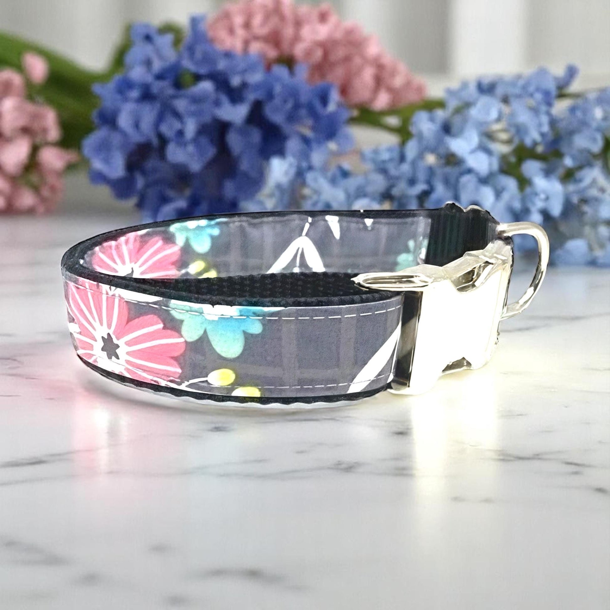 Black, Pink And Teal Floral Girl Dog Collar, Puppy Collar, Personalized Female Pet Collar, Custom, Engraved, Large, Dog Collar With Name