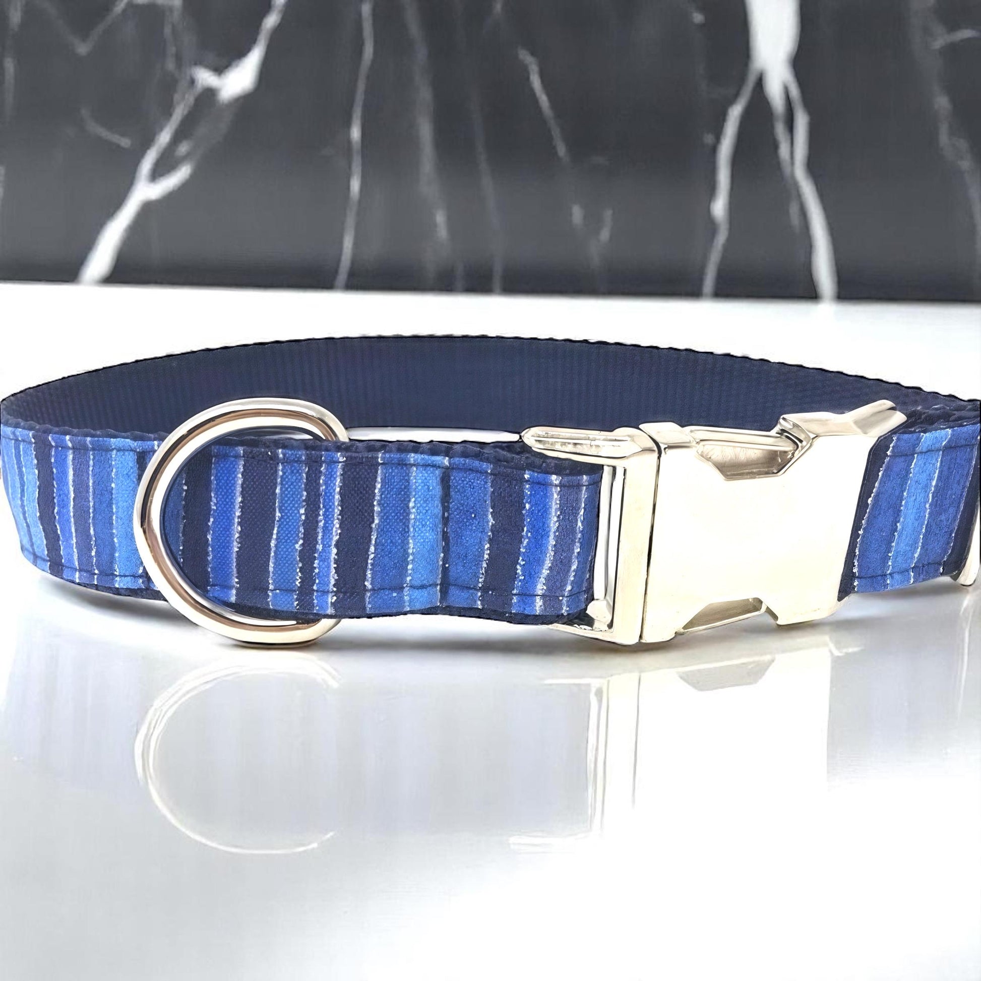 Blue + Black Stripe Dog Collar With Silver Sparkling Glitter Stripes, Dog Collar For Boys Or Girls, Personalized Dog Collar, Engraved Collar