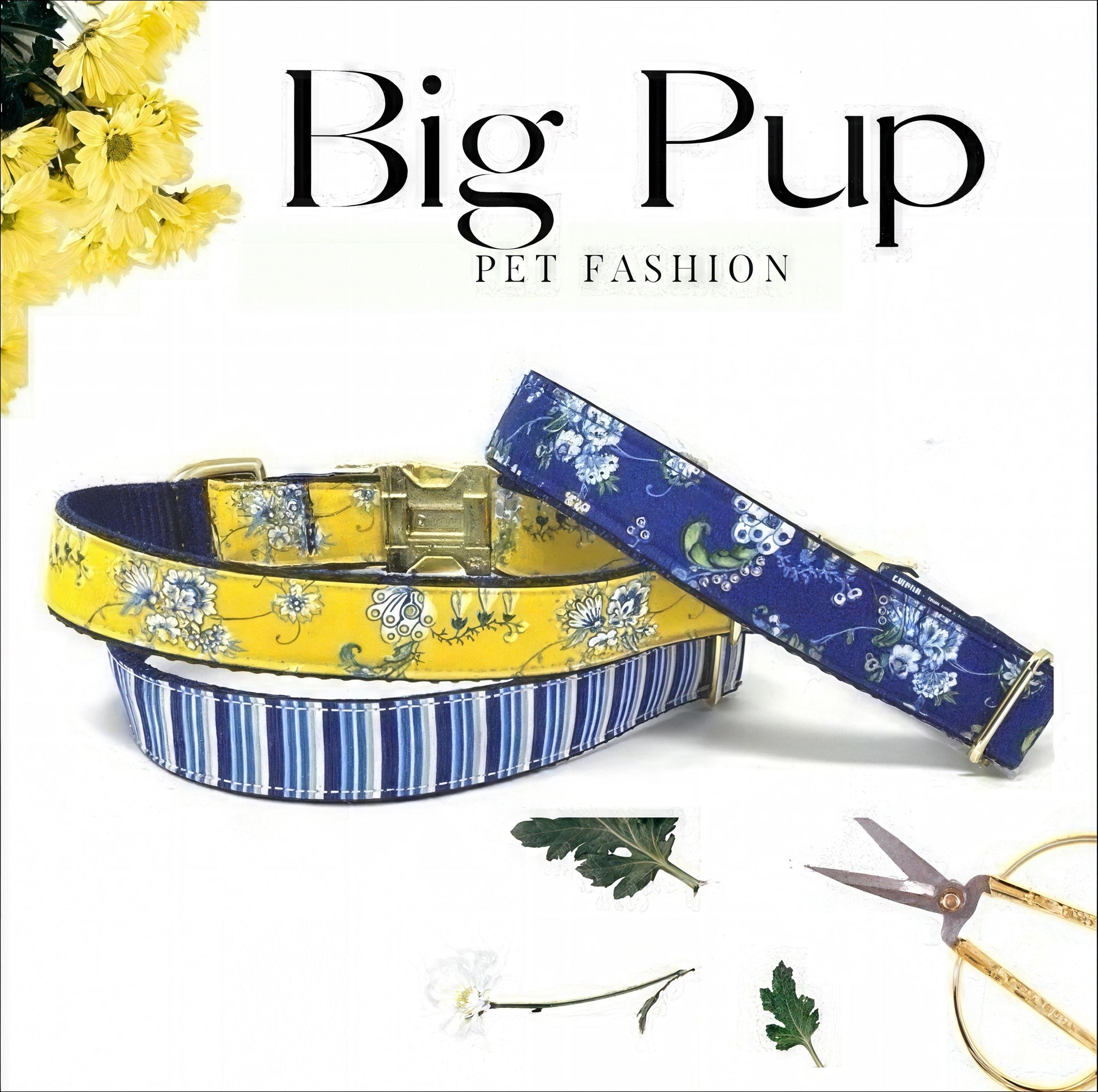 Blue + Yellow Floral Girl Dog Collar, Personalized, Engraved, Custom, Puppy Collar, Cute, Designer Dog Collar, Small, Large, With Name