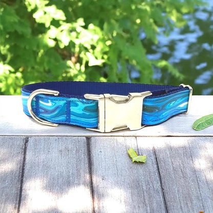 Blue, Ocean Wave, Custom, Dog Collar, Boy, Personalized, Engraved, Cute, Designer, Puppy, Cat, Pet, Small, Medium, Large, Fashion, Ink Wave