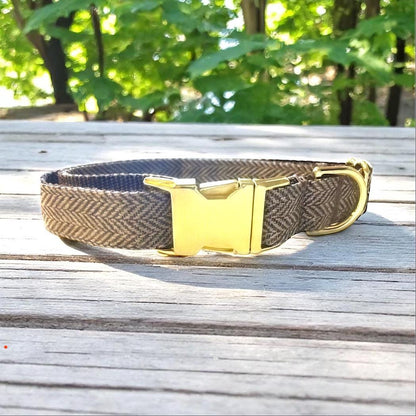 Brown And Tan Herringbone Boy Dog Collar, Handome, Preppy, Personalized, Engraved, Custom Puppy Collar, Dog Collar, Fall, Autumn, Pet Collar