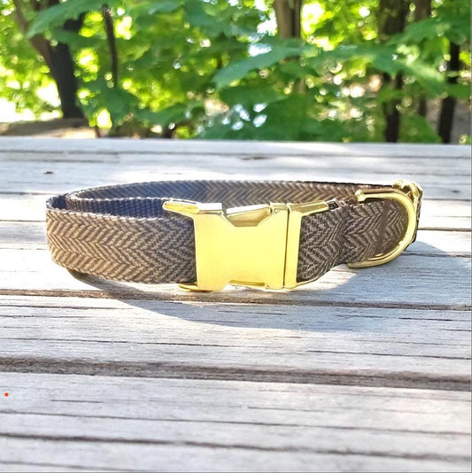 Brown And Tan Herringbone Boy Dog Collar, Handome, Preppy, Personalized, Engraved, Custom Puppy Collar, Dog Collar, Fall, Autumn, Pet Collar