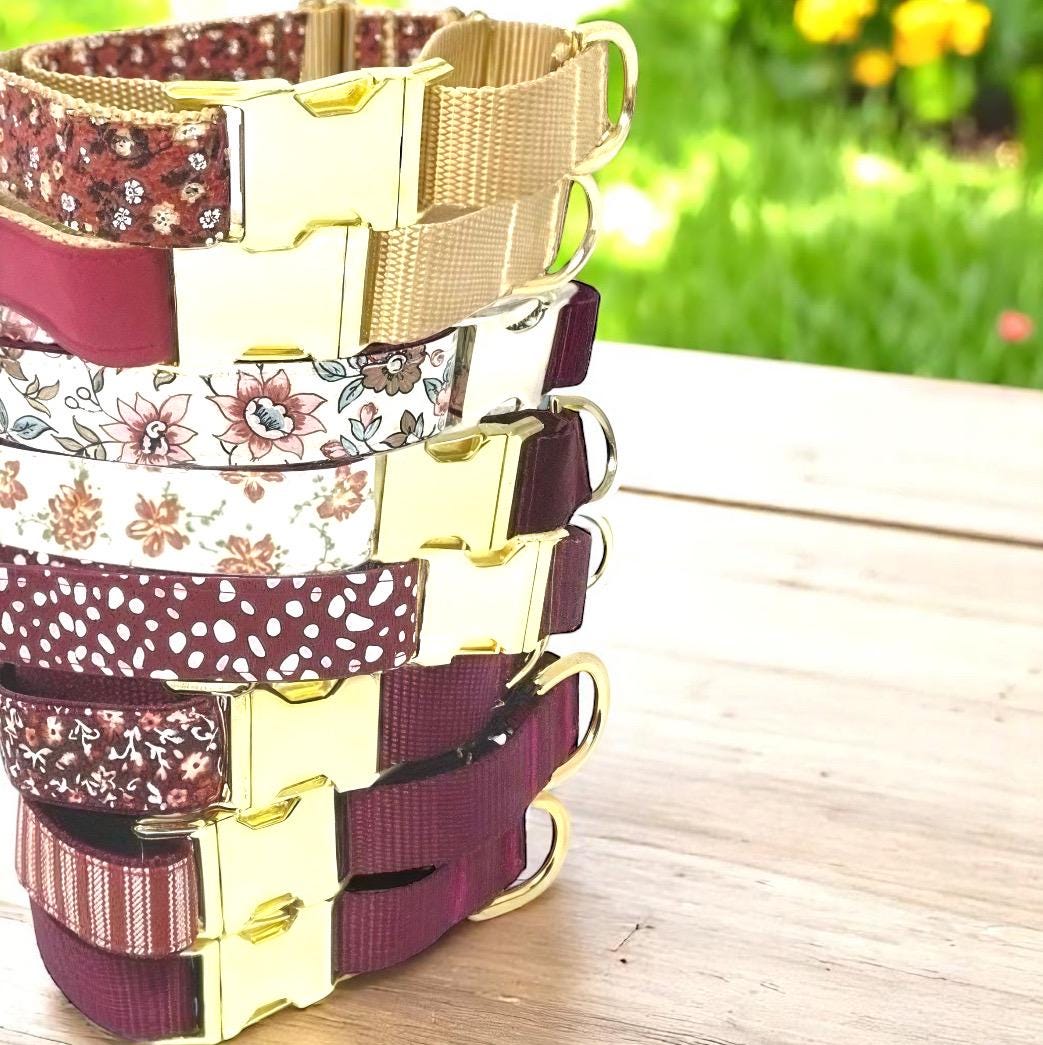 Burgundy Fall Buckle Martingale Dog Collar, Girl, Puppy, Greyhound, Whippet, Custom, Engraved, Designer Dog, Personalized, Maroon, Gold