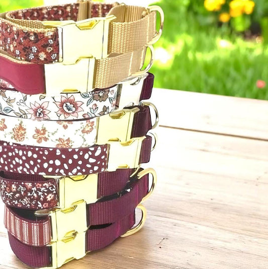 Burgundy Fall Buckle Martingale Dog Collar, Girl, Puppy, Greyhound, Whippet, Custom, Engraved, Designer Dog, Personalized, Maroon, Gold