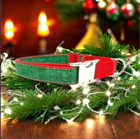 Christmas Red + Green Buckle Martingale Dog Collar, Puppy Collar, Girl, Boy, Personalized, Engraved, Custom, Greyhound, Whippet, With Bow