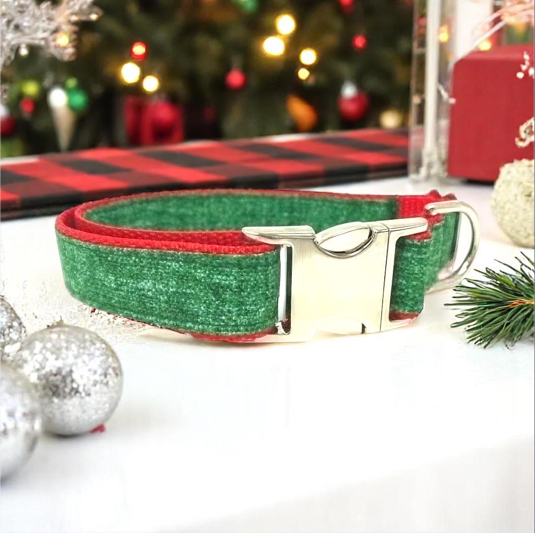 Christmas Red + Green Dog Collar, Puppy Collar, Girl, Boy, Personalized, Engraved, Custom, Dog Collar With Name, With Flower, With Bow, Cute