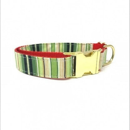 Christmas Stripe Dog Collar, Gold Buckle, Red, Green, Plaid, Girl, Boy, Holiday, Seasonal, Personalize, Engrave, Custom, Designer, Puppy