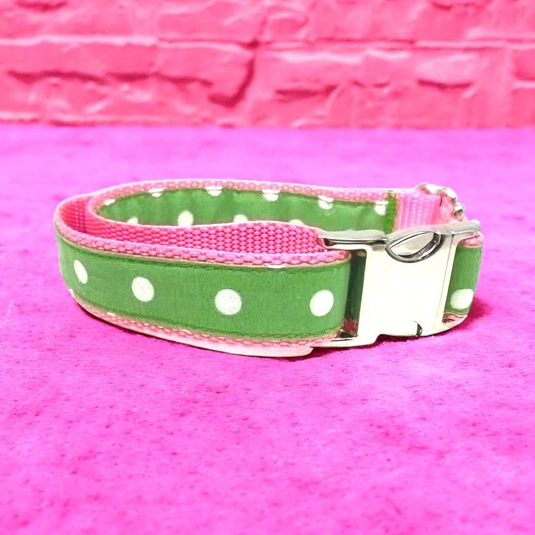 Cute Girl Dog Collar, Pink, Green, Polka Dot, Puppy Collar, Personalized Female Pet Collar, Custom, Engraved, Large, Dog Collar With Name