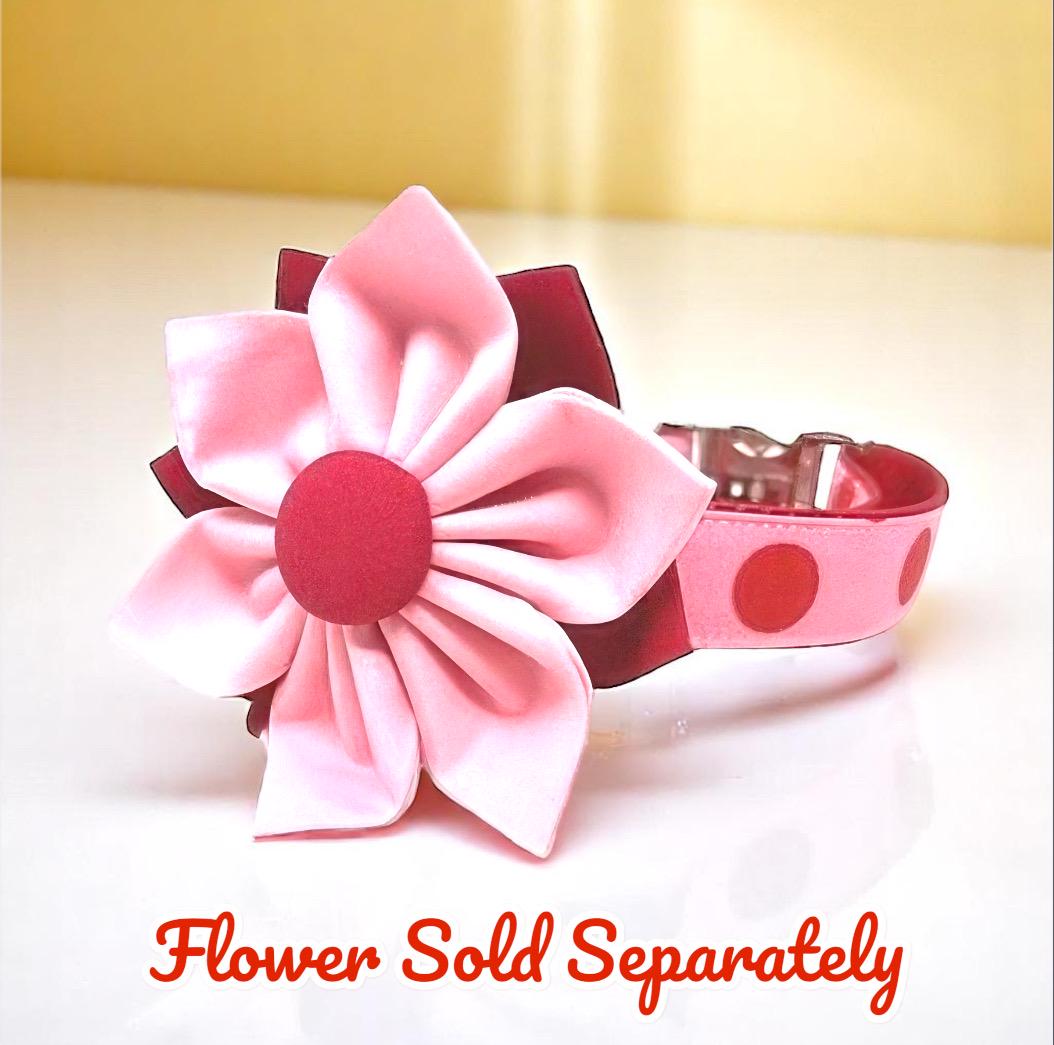 Cute Pink + Red Polka Dot Girl Dog Collar With Optional Flower Bow, Cute, Personalized, Engraved, Custom, Puppy, + Love, Heart, Female