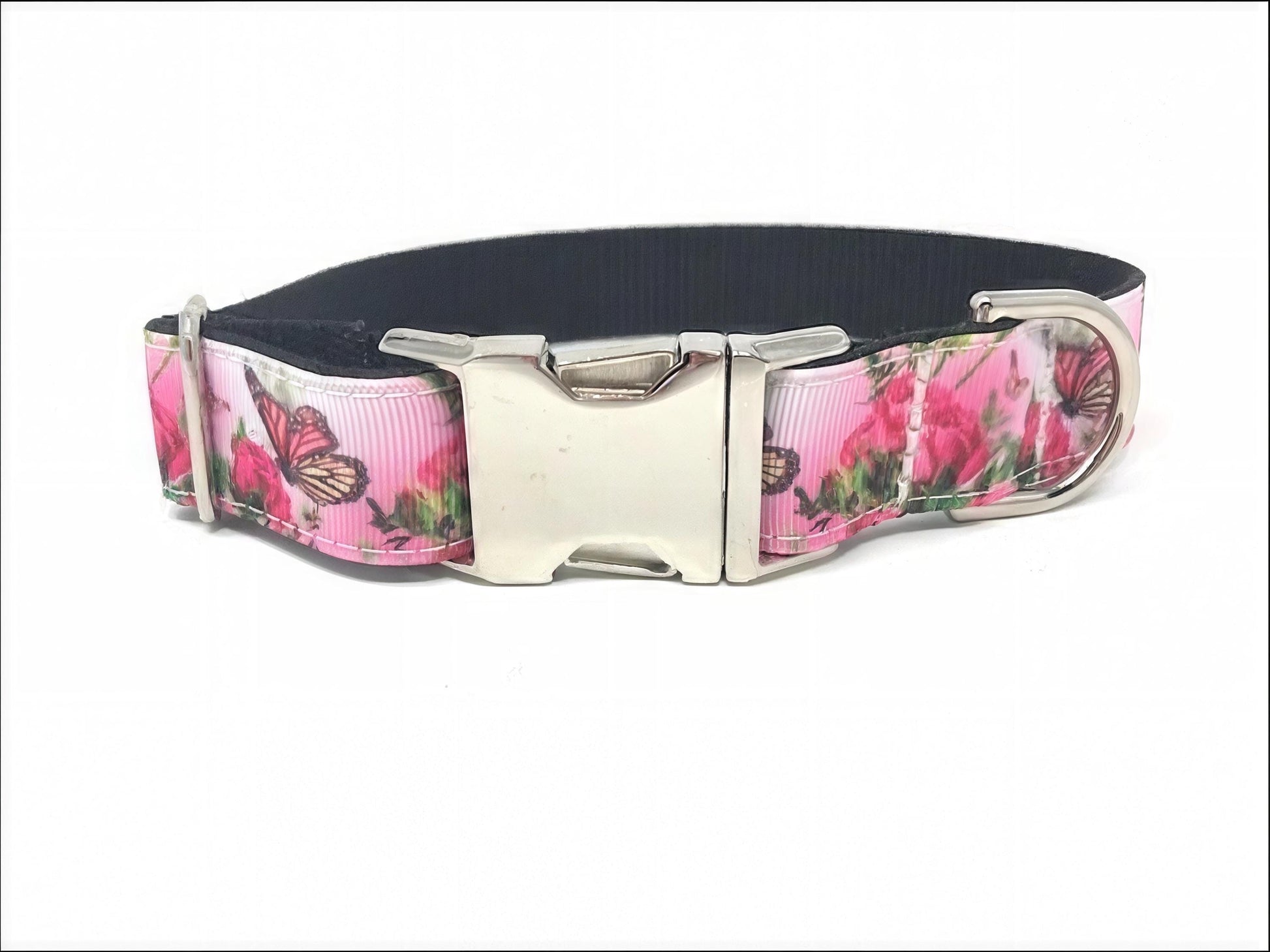 Dog Collar For Girls, Butterfly, Flowers, Floral, Rose, Pink, Black, Female, Summer, Personalized, Engrave, Custom, Butterflies, Bugs