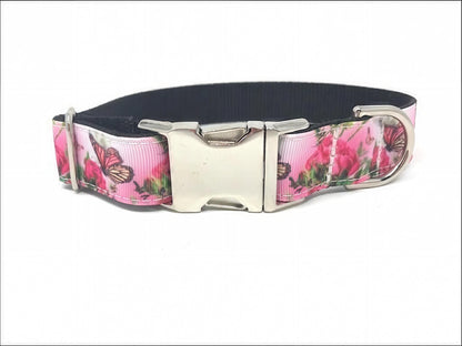 Dog Collar For Girls, Butterfly, Flowers, Floral, Rose, Pink, Black, Female, Summer, Personalized, Engrave, Custom, Butterflies, Bugs