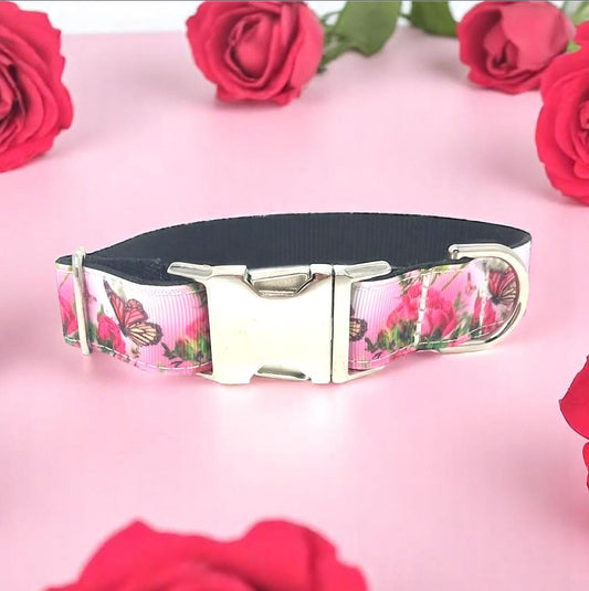 Dog Collar For Girls, Butterfly, Flowers, Floral, Rose, Pink, Black, Female, Summer, Personalized, Engrave, Custom, Butterflies, Bugs