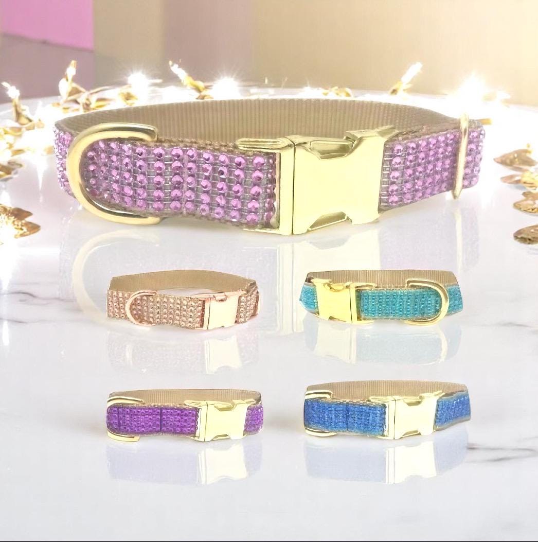 Dog Collar, For Girls, Boys, Fancy, Rhinestone, Glitter, Pink, Rose Gold, Teal, Blue, Purple, Personalized, Engraved, Custom, Gold, Sparkle