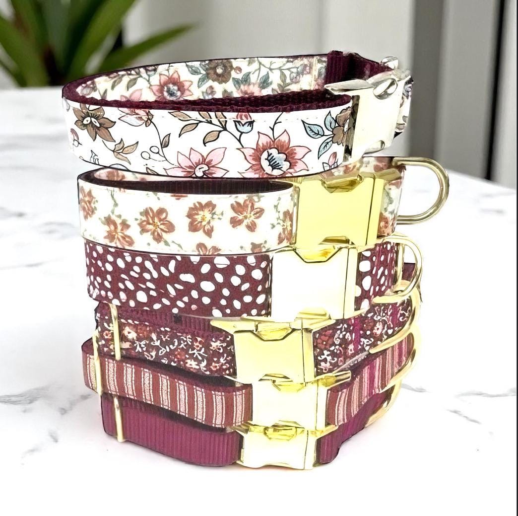 Fall, Burgundy, Dog Collar Girl, Custom, Floral, Personalize, Engraved, Cute, Designer, Puppy, Dalmatian Spot, Small, Medium, Large, Floral