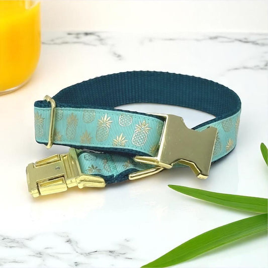 Gold, Teal, Pineapple, Dog Collar, For Girls, For Boys, Summer, Personalized, Engraved, Trendy, Pretty, Female Dog Collar, Customized
