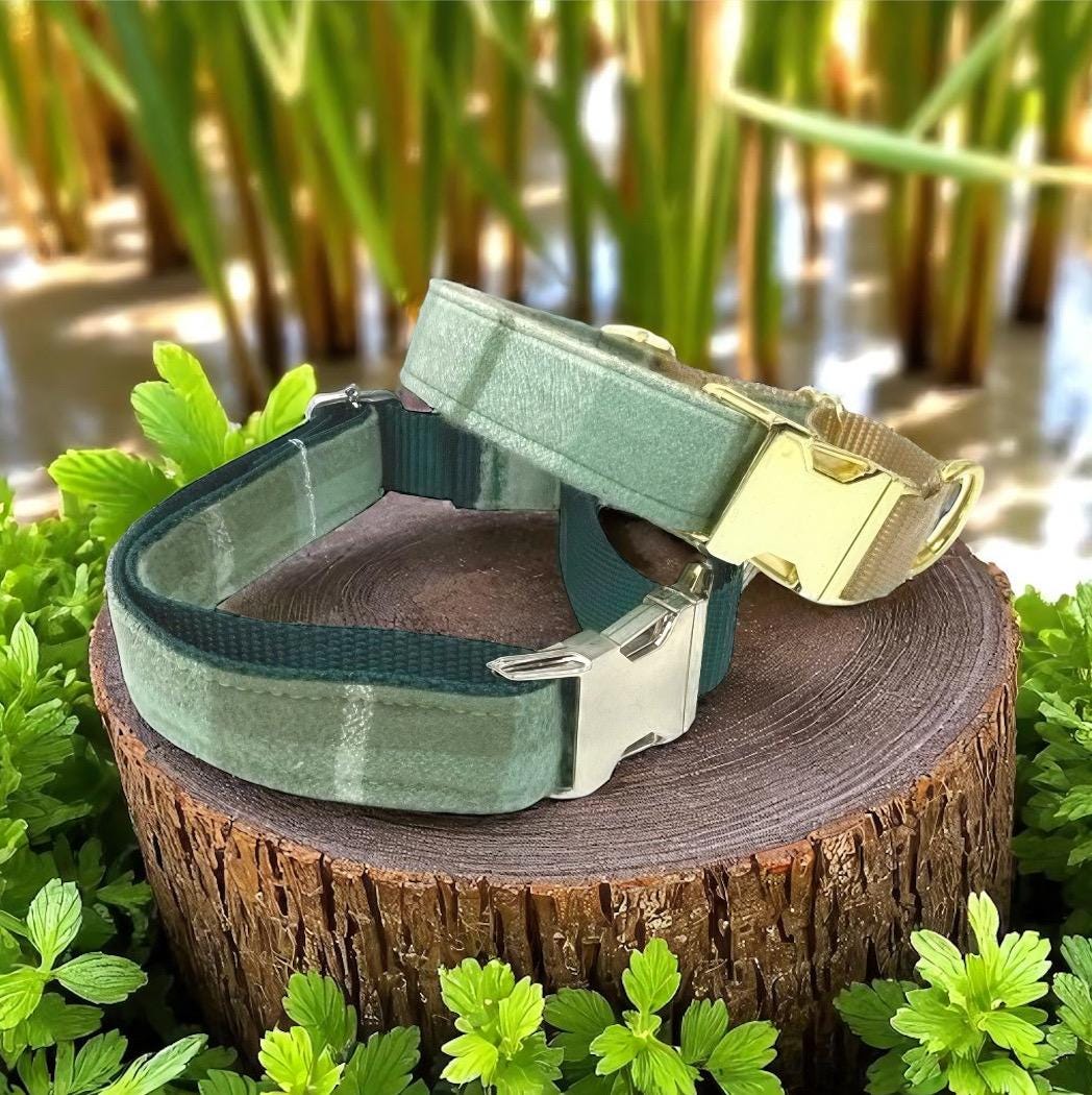 Green Flannel Buckle Martingale Dog Collar, Plaid, Fall, Girl, Boy, Greyhound, Designer, Fabric, Whippet, Puppy, Personalize, Custom, Engrav