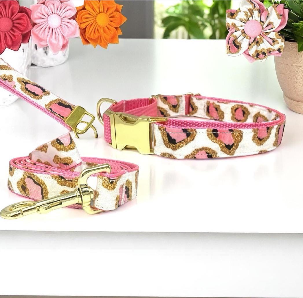 Leopard, Custom, Buckle Martingale Dog Collar, Pink, Gold, Cheetah, Girl, Big Pup Pet Fashion, Designer, Puppy, Greyhound, Whippet, Fabric