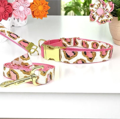 Leopard, Custom, Buckle Martingale Dog Collar, Pink, Gold, Cheetah, Girl, Big Pup Pet Fashion, Designer, Puppy, Greyhound, Whippet, Fabric