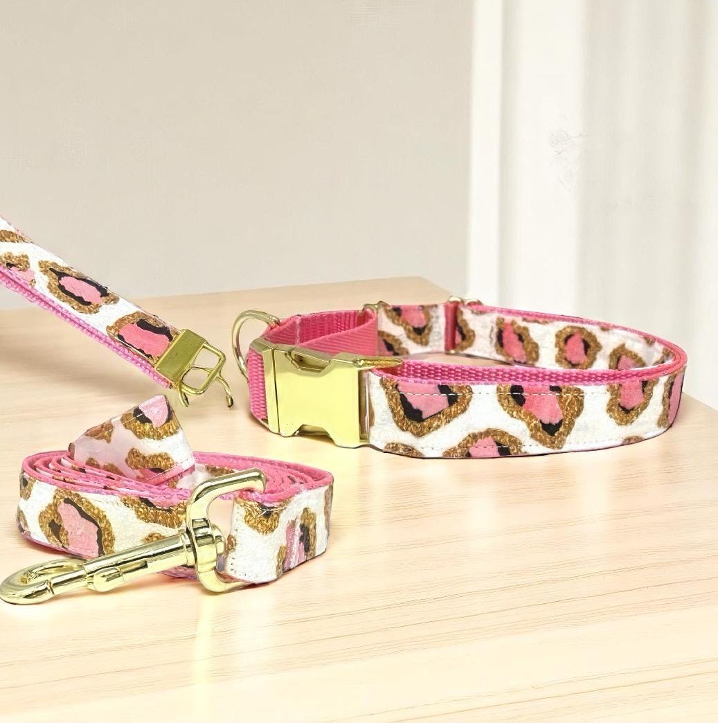 Leopard, Custom, Buckle Martingale Dog Collar, Pink, Gold, Cheetah, Girl, Big Pup Pet Fashion, Designer, Puppy, Greyhound, Whippet, Fabric