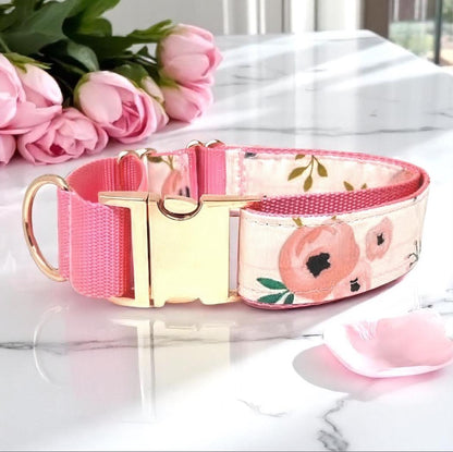 Martingale Dog Collar, Girl, Pink, Rose Gold, Floral, Puppy Collar, Custom Collar, Engraved Collar, Personalize, Cute, Female, 1.5" Wide