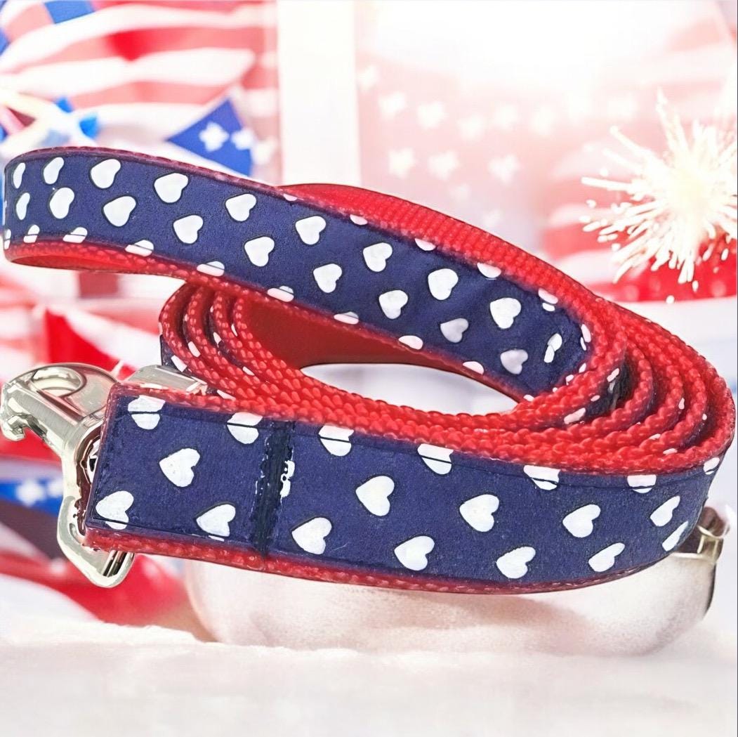 Red, White, Blue, Patriotic, 4th Of July, Polka Dot, Dog Collar, Girl, Cute, Personalized, Engraved, Custom, Puppy, + Optional Flower