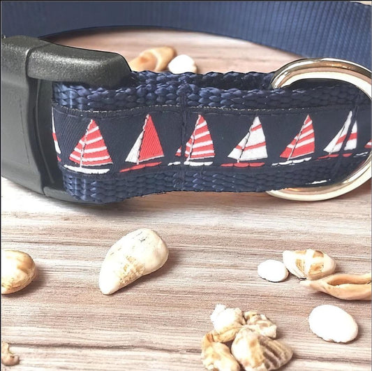 Navy Blue And Red Sailboards Nautical Ocean Lover Dog Collar For Boys, Handsome, Sophisticated, Classy, Preppy, Upscale Designer Dog Collar