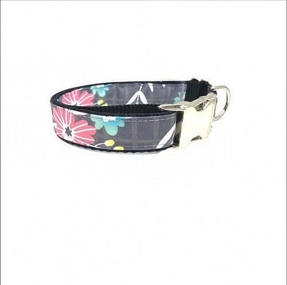 Black, Pink And Teal Floral Girl Dog Collar, Puppy Collar, Personalized Female Pet Collar, Custom, Engraved, Large, Dog Collar With Name
