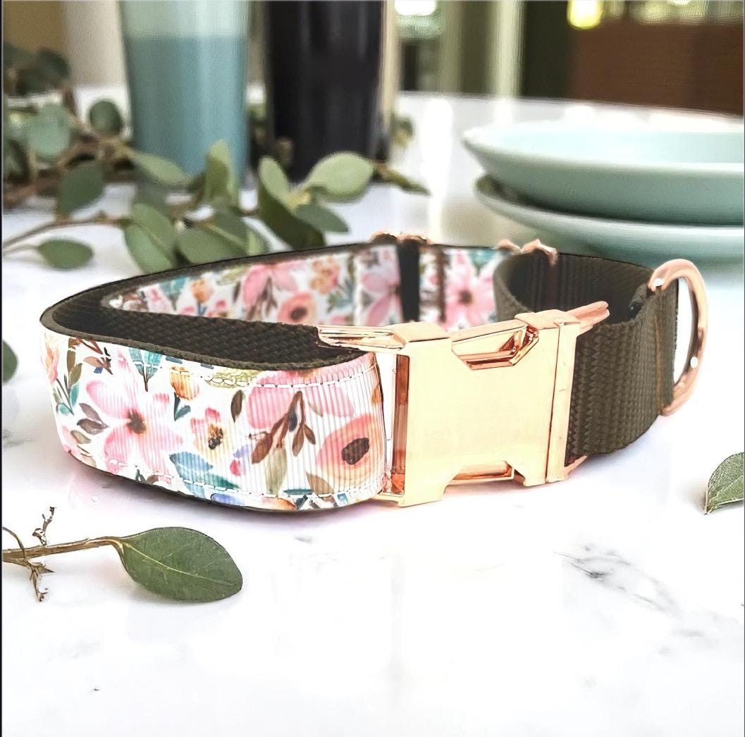 Martingale Dog Collar, With Rose Gold Buckle, Girl, Floral Dog Collar, Choker, Pink, Personalized, Engraved, Greyhound, Custom, Puppy