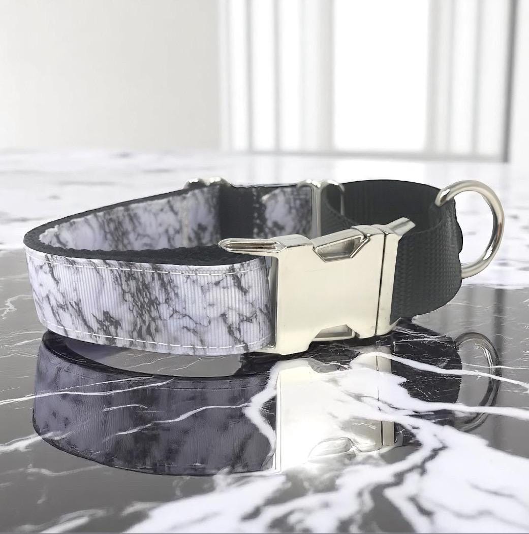 Martingale Dog Collar, With Buckle, Marble Print, Black And White, Boys, Male, Personalized, Engraved, Choker Collar, Greyhound Collar