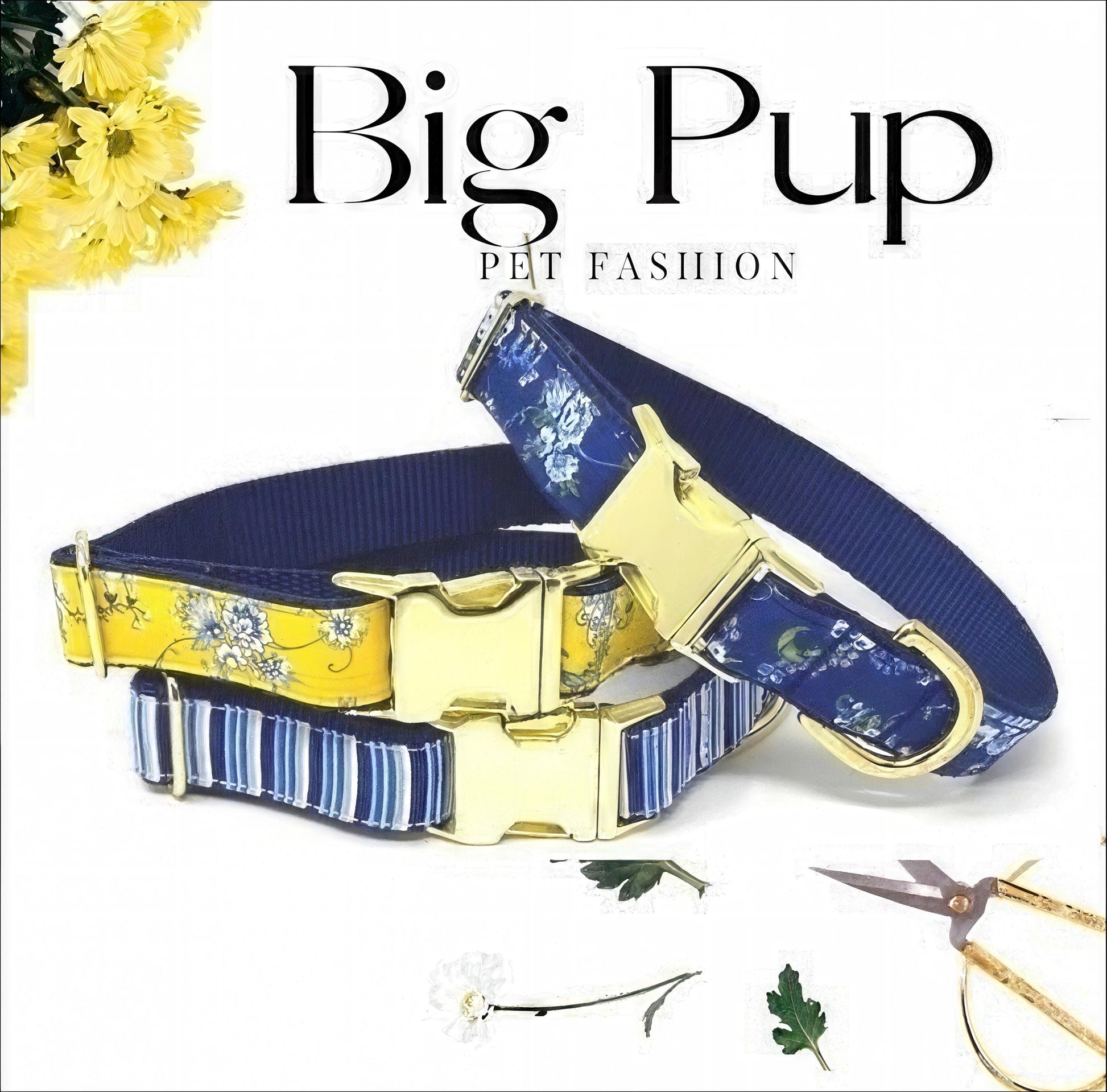 Blue + Yellow Floral Girl Dog Collar, Personalized, Engraved, Custom, Puppy Collar, Cute, Designer Dog Collar, Small, Large, With Name