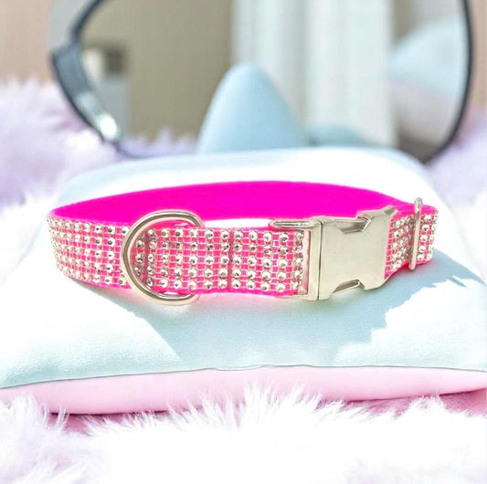 Hot Pink, Rhinestone, Custom, Dog Collar, Girl, Personalized, Engraved, Cute, Designer, Puppy, Cat, Pet, Small, Medium, Large, Diamond