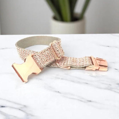 Fancy Rose Gold Rhinestone Designer Girl Dog Collar, Sparkle, Personalize, Bling, Small, Puppy, Large, Custom, Engraved, Wedding, Diamond