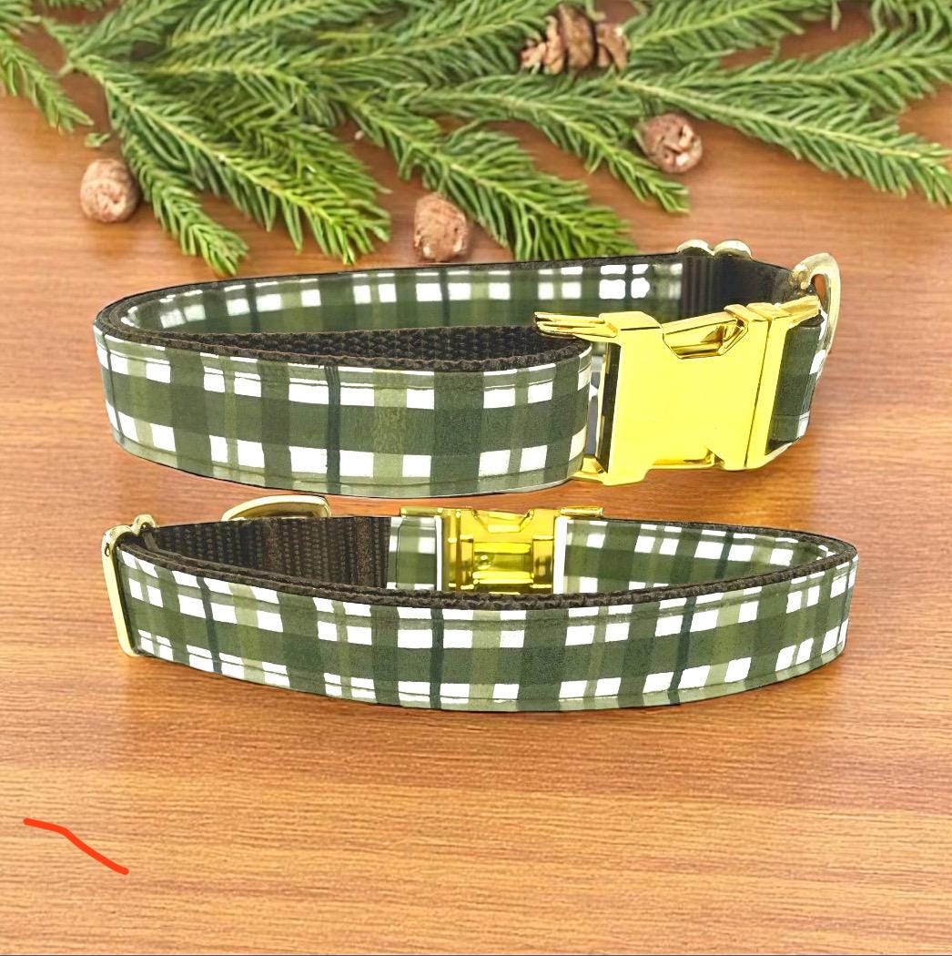 Boy Dog Collar, Plaid, Fall | Autumn Dog Collar, Green, Brown, Personalized, Engraved, Custom Dog Collar, Puppy Collar, Designer Collar, Sma